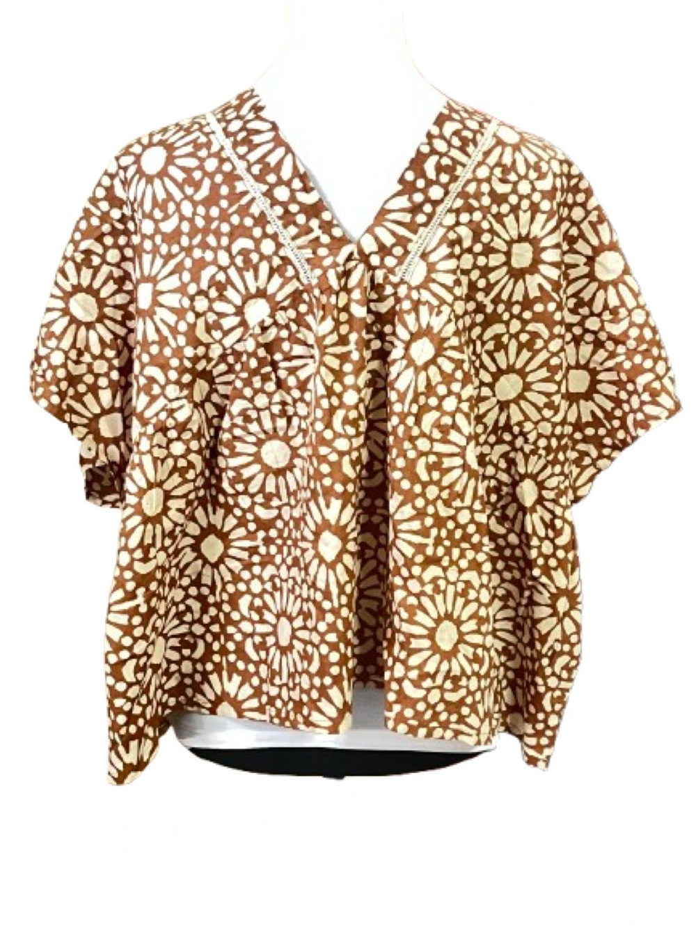 World Market One Size Boho Geometric Sunburst Cotton V-Neck Blouse Brown Cream